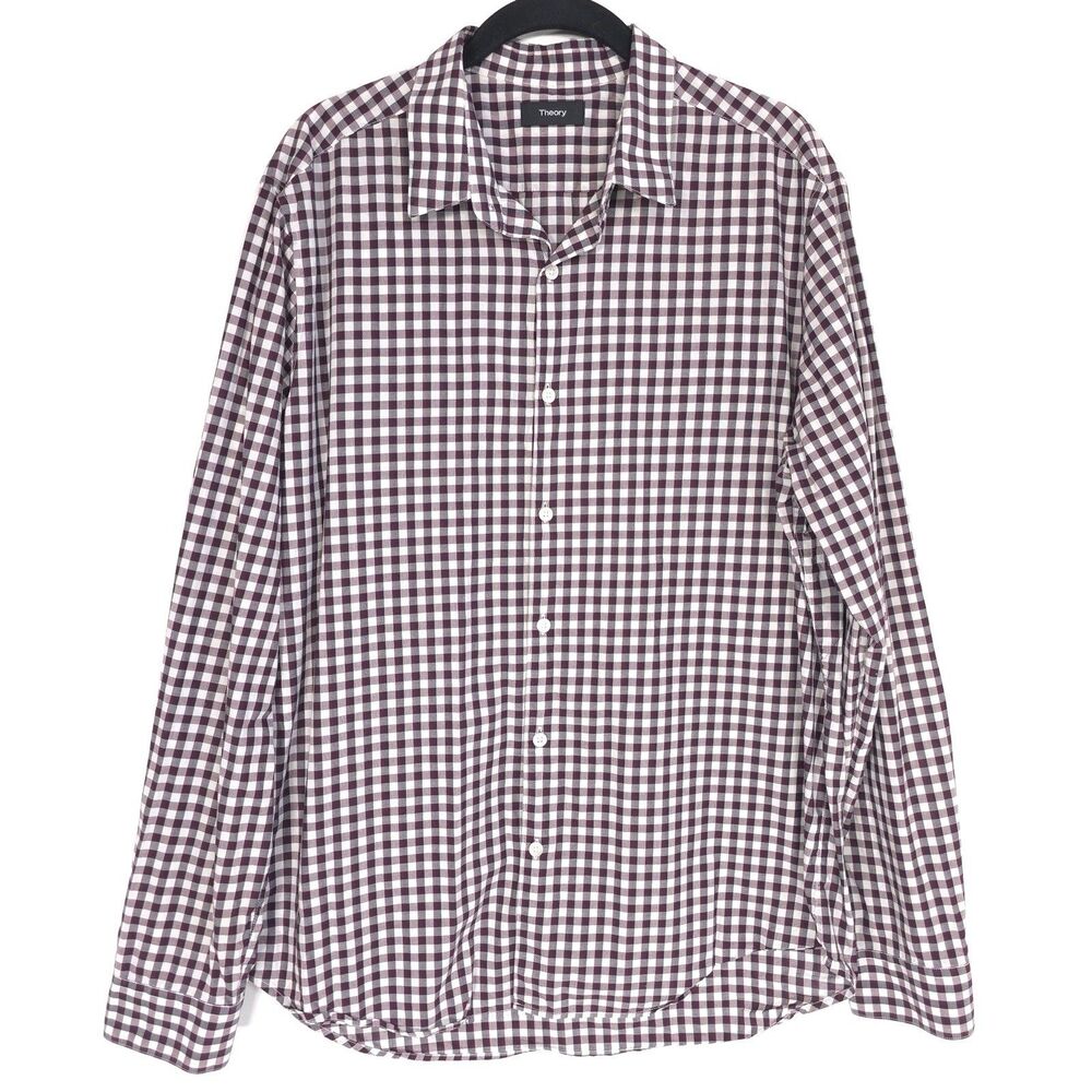 Theory Men’s Shirt XL ZACK GARBER Check Plaid Cotton Burgundy White GO774512